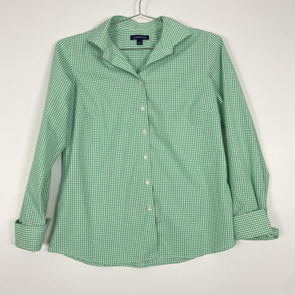 Lands' End Shirt Womens‎ 8 Green Gingham Check Button Front Long Sleeve Cotton